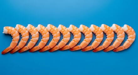 Fresh Cooked Shrimp Arranged in Line on Blue Background Seafood Styling Clean Minimal Food Concept
