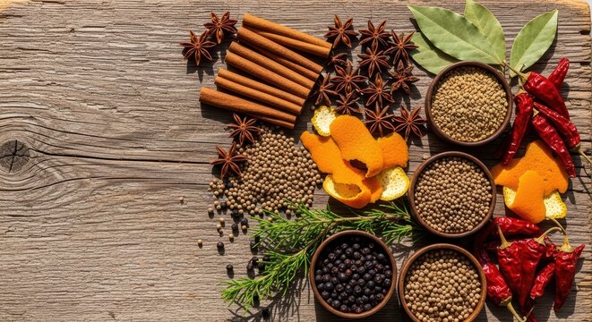 Assorted spices and herbs on rustic wooden table with cinnamon and chilies - Powered by Adobe