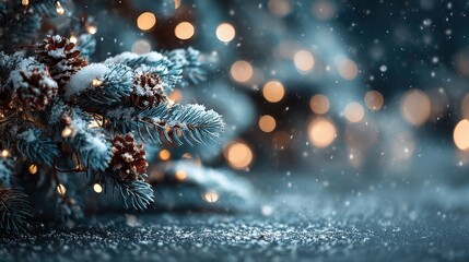 Christmas background with snow covered tree branches and lights for holiday season