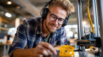 Man in headphones and plaid shirt working with 3D printer in studio, model on bed, maker culture, with copy space