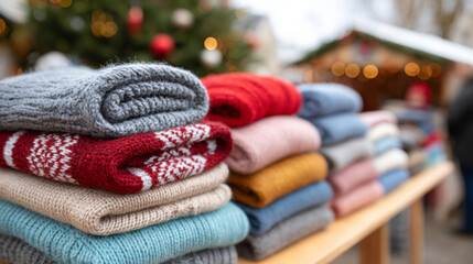 Cozy knitwear for christmas market booth display with a festive holiday atmosphere
