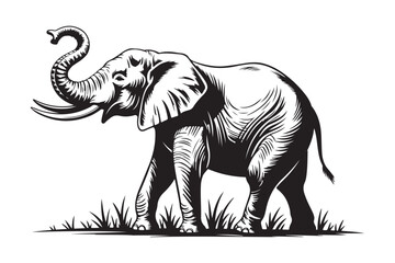 Majestic elephant illustration with trunk raised in a field