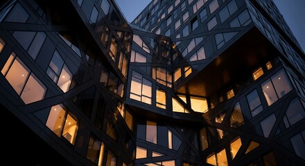 Fototapeta premium Old european building facade with warm light glowing from windows at dusk