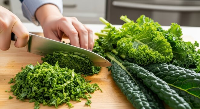 Asian adult preparing fresh kale salad with chopping knife on wooden board