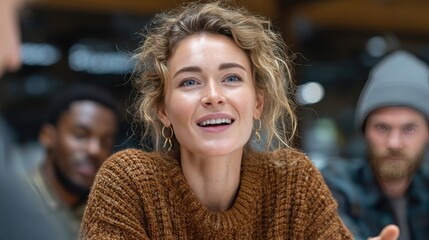 Woman engaging in a debate with colleagues during a group meeting focused on the stock market