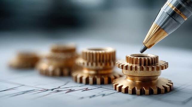 Analyzing financial performance with gears and pen to optimize business operations, increase profitability, and promote best practices for continuous improvement - Powered by Adobe