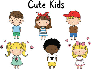 Cute kids, cartoon children, diverse outfits, playful style, happy faces, colorful design, heart elements, childhood theme, flat vector illustration