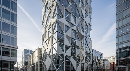 Modern geometric skyscraper with a unique faceted facade against a clear sky