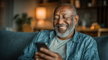 Smiling mature Man Uses Smartphone at Home, Scrolling Social Media and Checking Financial Applications