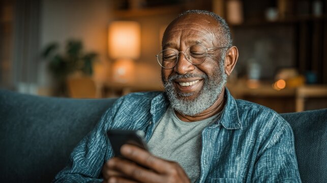 Smiling mature Man Uses Smartphone at Home, Scrolling Social Media and Checking Financial Applications