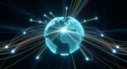 Glowing digital earth with data streams and light rays expanding outwards
