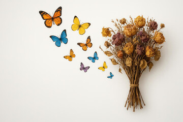 Fototapeta premium Dried roses and bright butterflies are a contrast between life and time. Space for text.