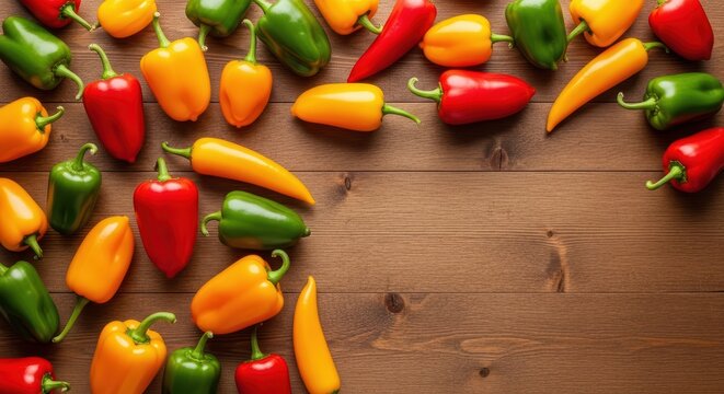 Colorful fresh bell peppers and chilies assorted on wooden surface - Powered by Adobe
