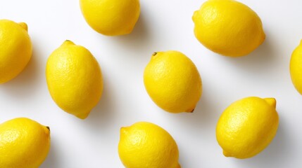 Bright and fresh yellow lemons scattered across a clean white surface. Their vibrant color adds a zesty touch. Perfect for food photography or healthy living content. AI