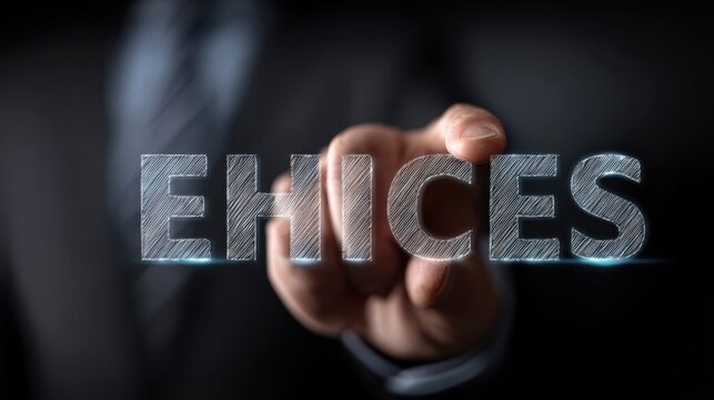 Businessman points at word 'ethics' as it floats in digital space, emphasizing a corporate code of conduct for business growth and stock market integrity - Powered by Adobe