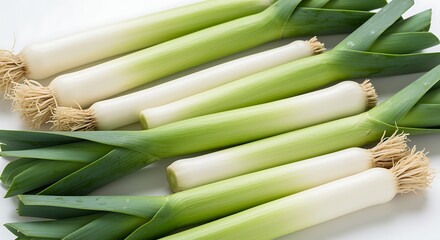 Fresh Leeks on White Background vegetable food ingredient healthy raw onion green plant organic diet nutrition macro close-up