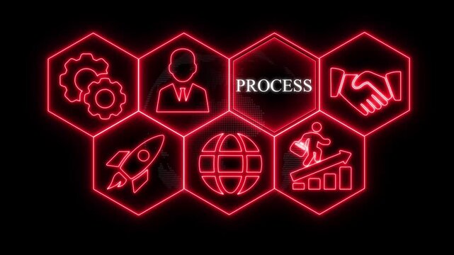 Red Neon Hexagonal Icons Illustrating Business Concepts with the Word PROCES process workflow
