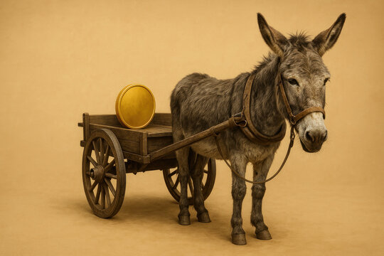 A donkey in a cart with a gold coin is a symbol of labor and wealth.