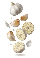 Fresh Garlic Cloves and Sliced Garlic Floating on White Background Realistic Culinary Ingredient Concept
