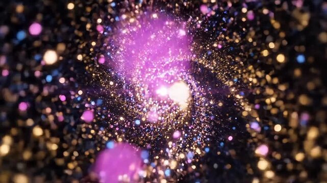 Mystic swirling galaxy with gold and blue particles in deep space, perfect for cosmic backgrounds, technology visuals, and futuristic themes