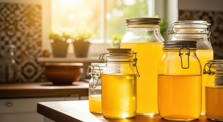 Sunlit kitchen table with jars of fresh bright orange juice and soft morning light