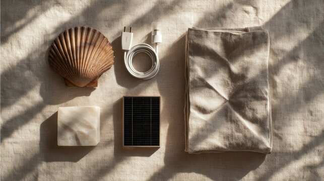 Eco-friendly travel essentials with solar panel, seashell, and natural fabric,National Energy Conservation