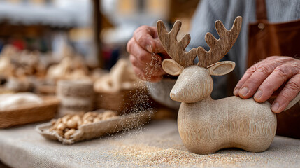 Artisan craftsmanship at christmas market: vendor carefully polishing wooden reindeer toy