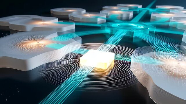 Digital Education Interface visualizing the flow of information through a futuristic network, with a central CPU processing and distributing data.