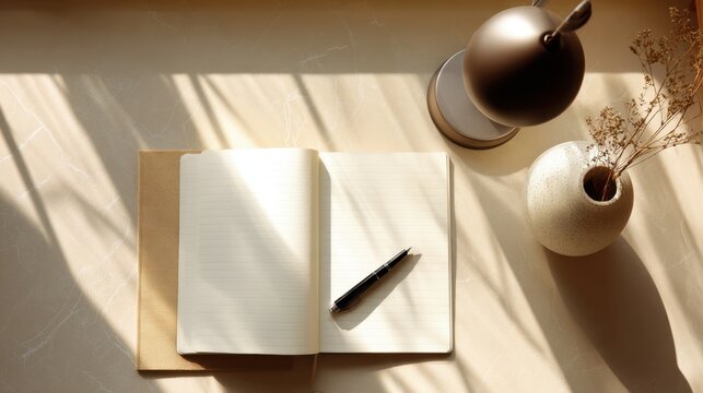 Serene workspace with open notebook pen lamp and ceramic vase for creative writing and inspiration,National Energy Conservation