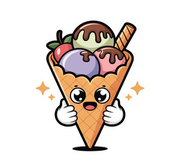 Cartoon ice cream cone with a happy face giving a thumbs up illustration