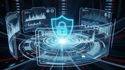 Futuristic digital interface with a glowing cybersecurity shield and padlock icon surrounded by holographic data displays and analytical charts. - Powered by Adobe