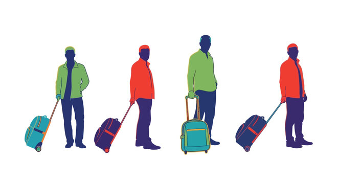 Four travelers with rolling luggage stand in a linear arrangement