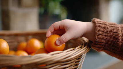 Child's hand reaching for orange in wicker basket - fresh fruit concept for healthy living and nature themes
