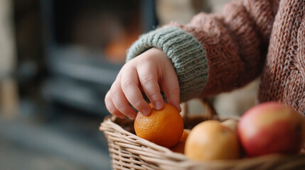 Child's hand reaching for oranges in a basket cozy winter scene
