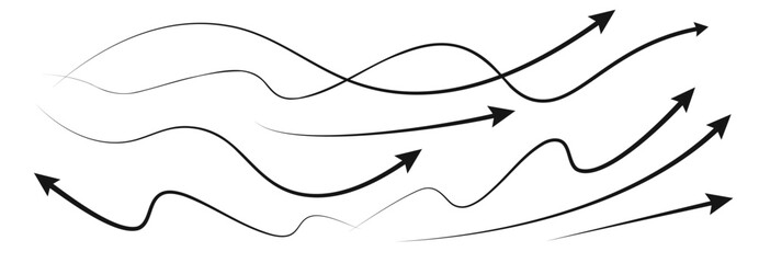 Long Wavy Arrows Set, Doodle Hand Drawn Way Up Down Left Right Thin Arrow Direction Symbol on White Background. Vector Illustration