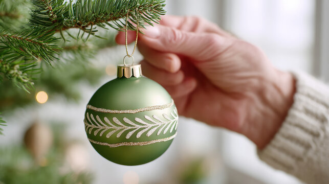 Hand hanging green christmas ornament on tree for festive holiday decoration - Powered by Adobe