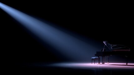 A grand piano illuminated by a soft spotlight in a dark setting. The serene atmosphere invites creativity and performance. Ideal for music events, concert promotions, and artistic presentations. AI