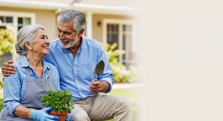 Senior Caucasian couple gardening together, smiling and looking at each other. Happy retirement lifestyle and outdoor leisure activity banner with copy space