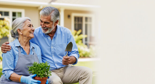 Senior Caucasian couple gardening together, smiling and looking at each other. Happy retirement lifestyle and outdoor leisure activity banner with copy space
