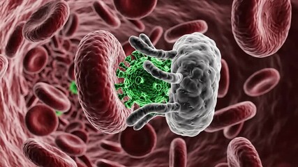 Watch red blood cells stream past the green virus in this dynamic science video for medical visualizations, research, and educational materials about infections - Powered by Adobe