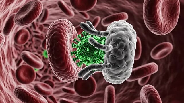 Watch red blood cells stream past the green virus in this dynamic science video for medical visualizations, research, and educational materials about infections - Powered by Adobe