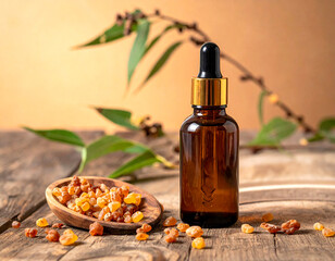 Amber bottle glass wood table, Olíbano óleo essencial Olibanum Tree, Frankincense essential oil, natural resins Boswellia Carteri, aromatherapy