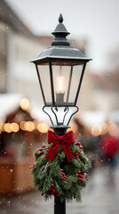 Festive lamppost with holiday wreaths amidst snowy winter market scene