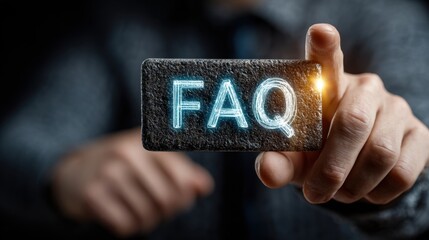 Businessman presses faq button on virtual interface for information and customer service, representing digital support