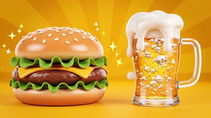 Delicious burger and frothy beer animation for fun food videos, summer celebrations, and vibrant restaurant promotions, mouthwatering menu items