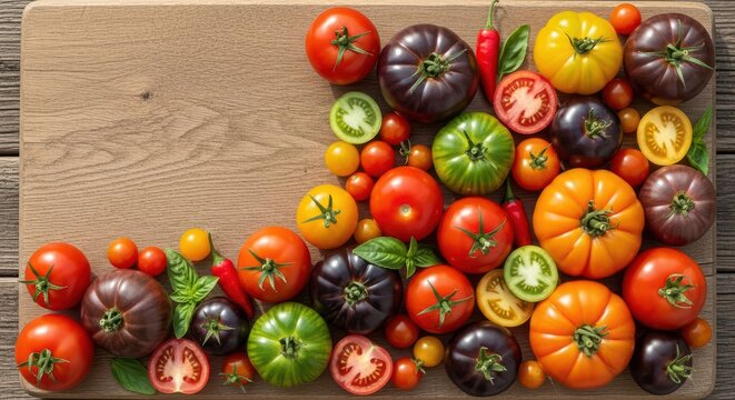 Variety of fresh colorful heirloom tomatoes on wooden cutting board