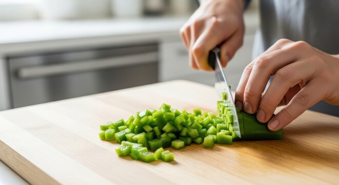 Close-up of hands chopping fresh green bell pepper on wooden cutting board