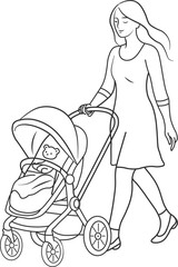 Modern line art design of a person pushing a baby stroller, isolated on a white background