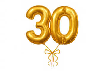 Golden number 30 foil balloons tied with a ribbon, celebrating a thirtieth birthday, anniversary, or important milestone. Transparent background