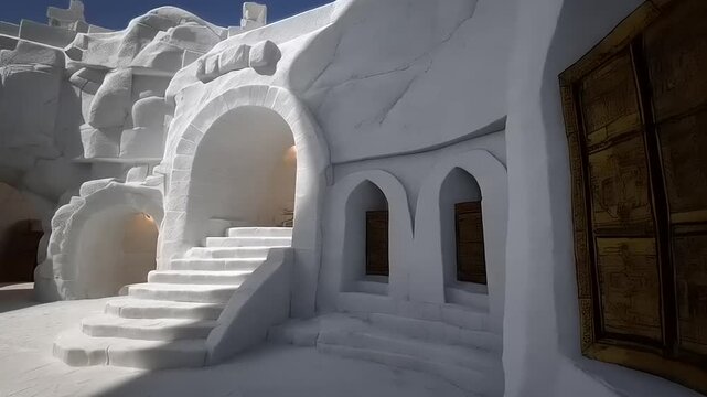 Unique interior made from snow blocks creating a serene architectural space